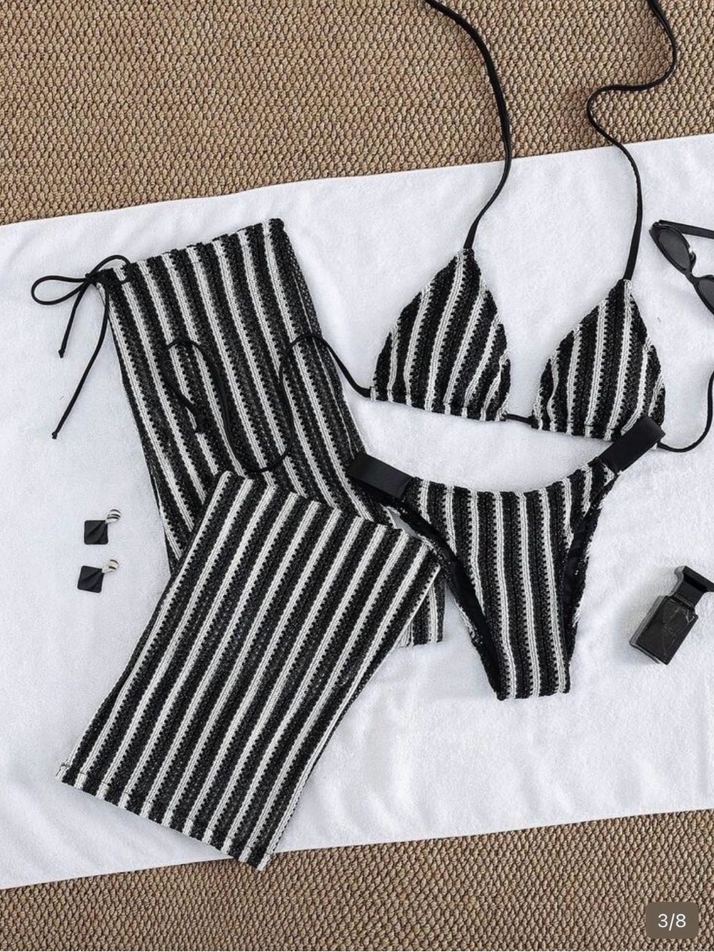 SHEIN Black & White Striped Knit Bikini Set with Pant Cover-Up